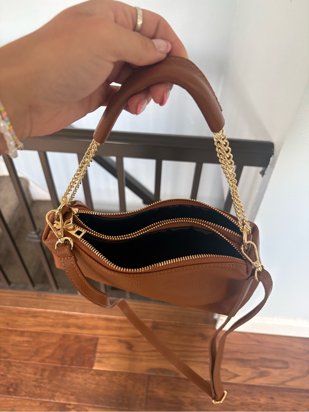 Classic Brown Italian Calf Leather Double-Zip Crossbody with Gold Chain Accents